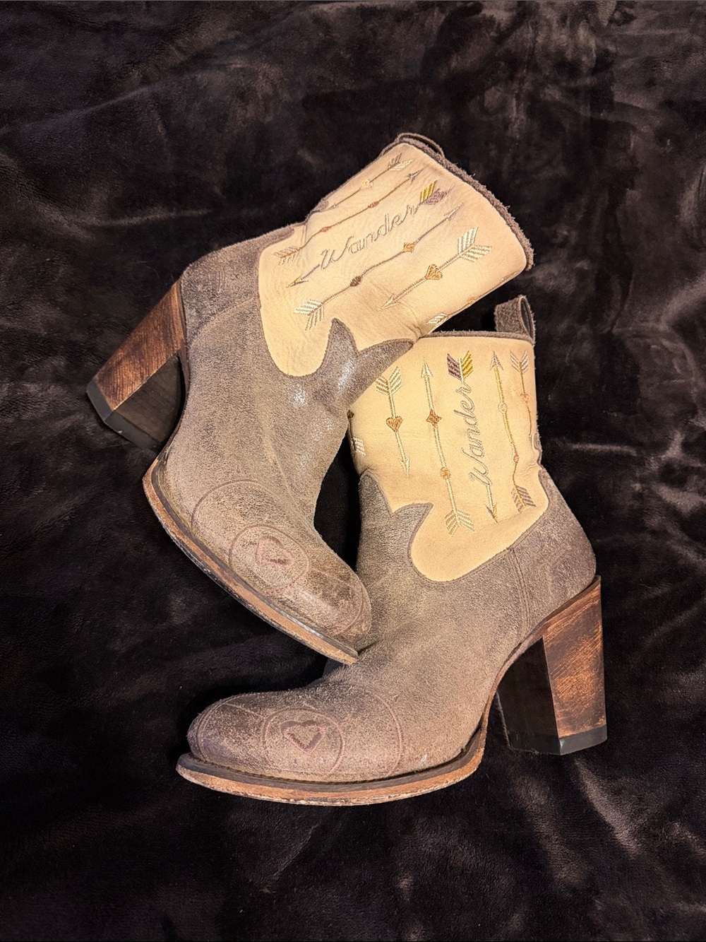 Junk Gypsy Lane Taupe Suede & Cream Embroidered Western Heeled Boots cowboy boot